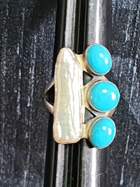 Turquoise Pearl Triple Stone Ring - Women Jewelry Sterling Silver Sz 6 Vintage